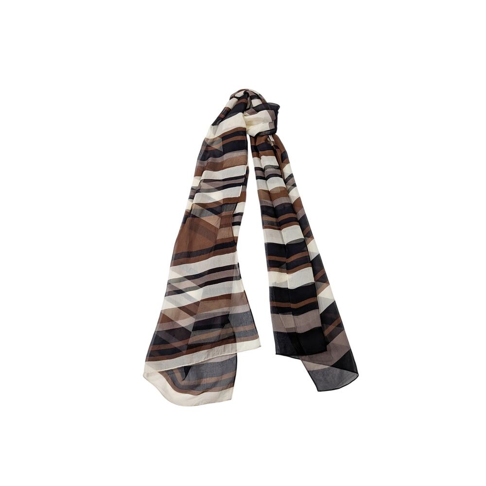 Vintage Scarf Silk Black Brown Cream Stripe Sheer Rectangular